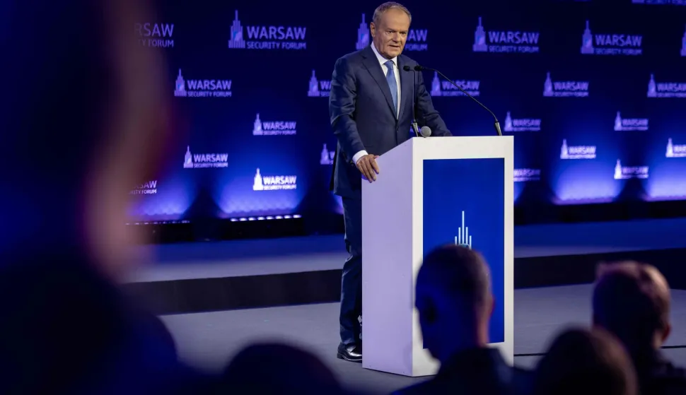 Poland's Prime Minister Donald Tusk speaks during the opening session of the Warsaw Security Forum in Warsaw, Poland on October 12, 2026. (Photo by Wojtek RADWANSKI/AFP)