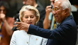 European Commission President Ursula von der Leyen and European Council President Antonio Costa arrives to attend a round table meeting during the EU Summit at the EU headquarters in Brussels, on June 18, 2026. (Photo by NICOLAS TUCAT/AFP)