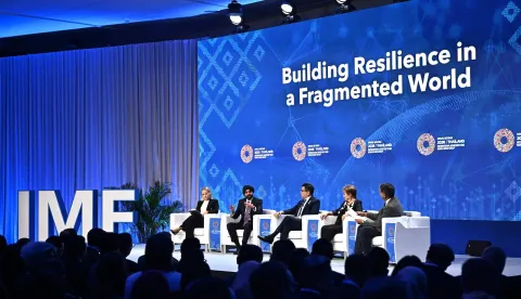 (L-R) Finland?s Finance Minister and Deputy Prime Minister Riikka Purra, WBG President Ajay Banga,Thailand?s Finance Minister and Deputy Prime Minister Ekniti Nitithanprapas, IMF Managing Director Kristalina Georgieva and BBC?s Economics Editor Faisal Islam sit during the Building Resilience in a Fragmented World panel at the Annual Meetings of the International Monetary Fund (IMF) and the World Bank Group (WBG) at the Queen Sirikit National Convention Center (QSNCC) in Bangkok on October 13, 2026. (Photo by Lillian SUWANRUMPHA/AFP)