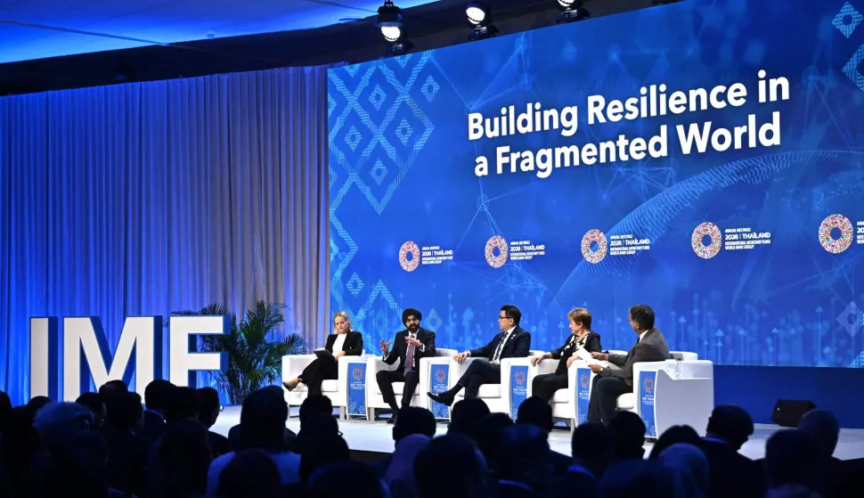 (L-R) Finland?s Finance Minister and Deputy Prime Minister Riikka Purra, WBG President Ajay Banga,Thailand?s Finance Minister and Deputy Prime Minister Ekniti Nitithanprapas, IMF Managing Director Kristalina Georgieva and BBC?s Economics Editor Faisal Islam sit during the Building Resilience in a Fragmented World panel at the Annual Meetings of the International Monetary Fund (IMF) and the World Bank Group (WBG) at the Queen Sirikit National Convention Center (QSNCC) in Bangkok on October 13, 2026. (Photo by Lillian SUWANRUMPHA/AFP)