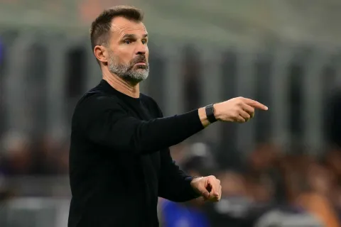 Club Brugge's Croatian coach Ivan Leko gestures during the UEFA Champions League first round day 2 football match between Inter Milan and Club Brugge at San Siro stadium in Milan, on October 13, 2026 (Photo by Marco BERTORELLO/AFP)