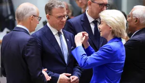 (From 2L) Finland's Prime Minister Petteri Orpo and European Commission President Ursula von der Leyen speak ahead of a round table as part of a European Union summit at the EU headquarters in Brussels on October 16, 2026. EU leaders headed to Brussels on October 15, 2026, for their biggest clash yet over the bloc?s next long-term budget, as they race to lock in a deal before next year?s French presidential election. (Photo by Ludovic MARIN/AFP)