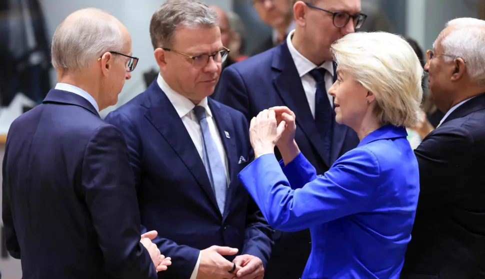(From 2L) Finland's Prime Minister Petteri Orpo and European Commission President Ursula von der Leyen speak ahead of a round table as part of a European Union summit at the EU headquarters in Brussels on October 16, 2026. EU leaders headed to Brussels on October 15, 2026, for their biggest clash yet over the bloc?s next long-term budget, as they race to lock in a deal before next year?s French presidential election. (Photo by Ludovic MARIN/AFP)