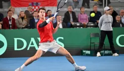 Vara?din, 6.2.2026.- Prvo dan Davis Cup susreta teniskih reprezentacija Hrvatske i Danske, susret Mateja Dodiga i Elmera Moellera. Na slici Matej Dodig. foto HINA/ Marko Jurinec/ uia