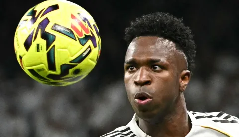 Real Madrid's Brazilian forward #07 Vinicius Junior stares at the ball during the Spanish league football match between Real Madrid CF and Getafe CF at Santiago Bernabeu Stadium in Madrid on March 2, 2026. (Photo by Javier SORIANO/AFP)