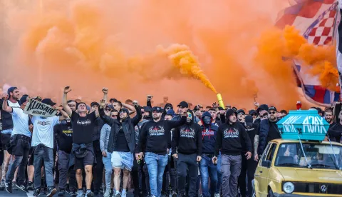 15.10.2026., Split - Navijaci Hajduka Torcida u korteu se uputila prema Poljudu uoci utakmice UEFA Konferencijske lige izmedju Hajduka i Ajaxa. Photo: Ivana Ivanovic/PIXSELL