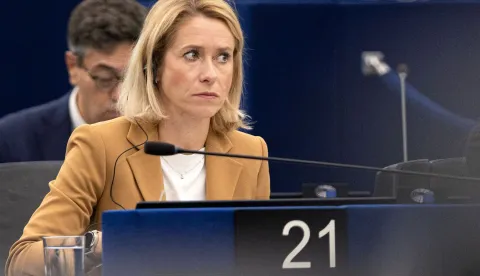 EU High Representative and Vice-President for Foreign Affairs and Security Policy Kaja Kallas looks on as she attends a plenary session at the European Parliament, in Strasbourg eastern France, on October 20, 2026. (Photo by ROMEO BOETZLE/AFP)