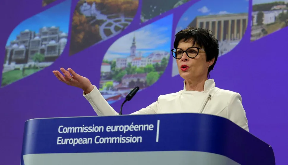 European Commissioner for Enlargement Marta Kos presents the European Union's annual enlargement package with European Commission Vice-President Kaja Kallas (not pictured), in Brussels, Belgium, November 4, 2025. REUTERS/Yves Herman Photo: YVES HERMAN/REUTERS