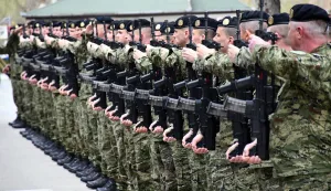 20.03.2026., Pozega - Svecana prisega rocnika na temeljnom vojnom osposobljavanju u vojarni 123 brigade Hrvatske vojske u Pozegi.. Photo: Ivica Galovic/PIXSELL