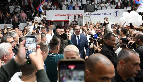 19, October, 2026, Cacak - The pre-election rally of the electoral list "Aleksandar Vucic - United Serbia" was held in the hall of the basketball club "Borac" in Cacak. Aleksandar Vucic. Photo: R.Z./ATAImages19, oktobar 2026, Beograd - Predizborni miting izborne liste "Aleksandar Vucic &ndash; Ujedinjena Srbija" odrzan je u hali kosarka&scaron;kog kluba "Borac" u Cacku. Photo: R.Z./ATAImages Photo: R.Z./ata images/PIXSELL