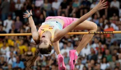 Ukraine's Yaroslava Mahuchikh competes in the women's high jump during the IAAF Diamond League athletics meeting, at the Letzigrund Stadium, in Zurich on August 27, 2026. (Photo by Stefan Wermuth/AFP)