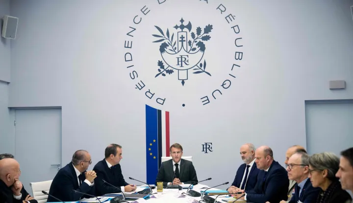 France's President Emmanuel Macron (C), next to France's Interior Minister Laurent Nunez (L) and France's Prime Minister Sebastien Lecornu (2nd-L), chairs a security council gathering Prime Minister, relevant ministers, and intelligence agencies to review "security measures for the coming weeks" as France braced for more demonstrations just days after student and other rallies degenerated into some of the worst street unrest in years, at the Elysee presidential Palace in Paris on October 22, 2026. Emmanuel Macron on October 22, 2026 denounced "seditious acts" by "ultra-left" groups of "extreme dangerousness" aimed at "bringing down the Republic" and "acts of delinquency" also calling for "the greatest severity", in the violence and looting committed on the sidelines of protests against the "high cost of living" on October 17, 2026. (Photo by Teresa Suarez/POOL/AFP)