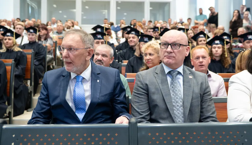 26.05.2026., Policijska akademija "Prvi hrvatski redarstvenik, Zagreb &ndash; Sudjelovanje potpredsjednika Vlade i ministra dr. sc. Davora Bozinovica na svecanoj promociji magistara kriminalistike. Davor Bozinovic i Tomislav Bilandzic. Photo: Luka Antunac/PIXSELL