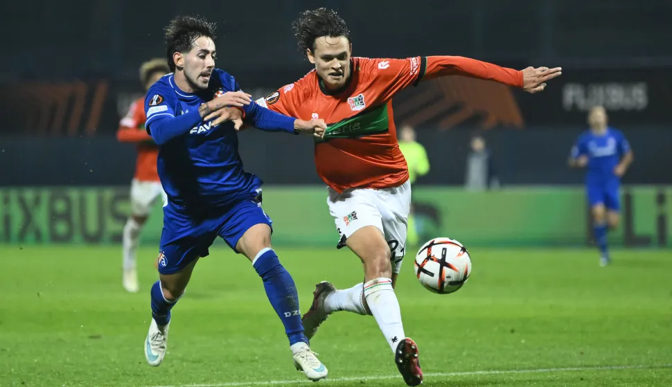 22.10.2026., stadion Maksimir, Zagreb - UEFA Europska liga 2026./2027., grupna faza, 3. kolo, GNK Dinamo Zagreb - N.E.C. Nijmegen. Dani Rodriguez i Tobias Storm Photo: Josip Regovic/PIXSELL