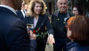 Incumbent President and Presidential candidate Iliana Iotova (CL) meets supporters during a pre-election rally in Dimitrovgrad, South Bulgaria, on October 21, 2026, prior the Presidential elections in Bulgaria on October 25. (Photo by Nikolay DOYCHINOV/AFP)