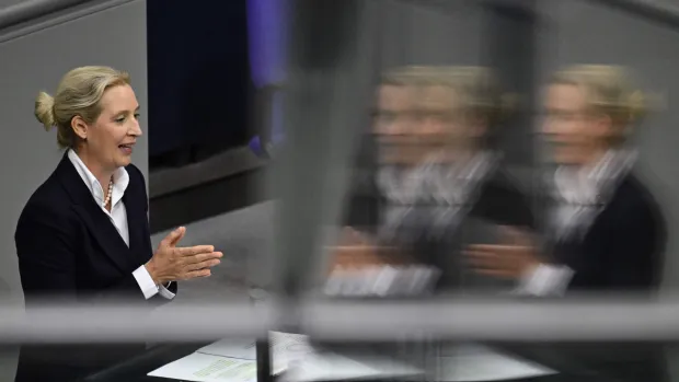 Co-leader of the far-right Alternative for Germany (AfD) party Alice Weidel speaks during a debate on October 14, 2026 at the Bundestag (lower house of parliament) in Berlin. (Photo by John MACDOUGALL/AFP)