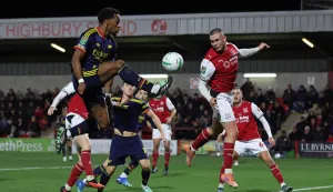 Arsenal's Dutch defender #12 Jurrien Timber shoots but the shot is blocked during the English League Cup fourth round football match between Fleetwood Town and Arsenal at Highbury Stadium in Fleetwood, north west England, on October 27, 2026. (Photo by Darren Staples/AFP)/RESTRICTED TO EDITORIAL USE. No use with unauthorized audio, video, data, fixture lists, club/league logos or 'live' services. Online in-match use limited to 120 images. An additional 40 images may be used in extra time. No video emulation. Social media in-match use limited to 120 images. An additional 40 images may be used in extra time. No use in betting publications, games or single club/league/player publications./