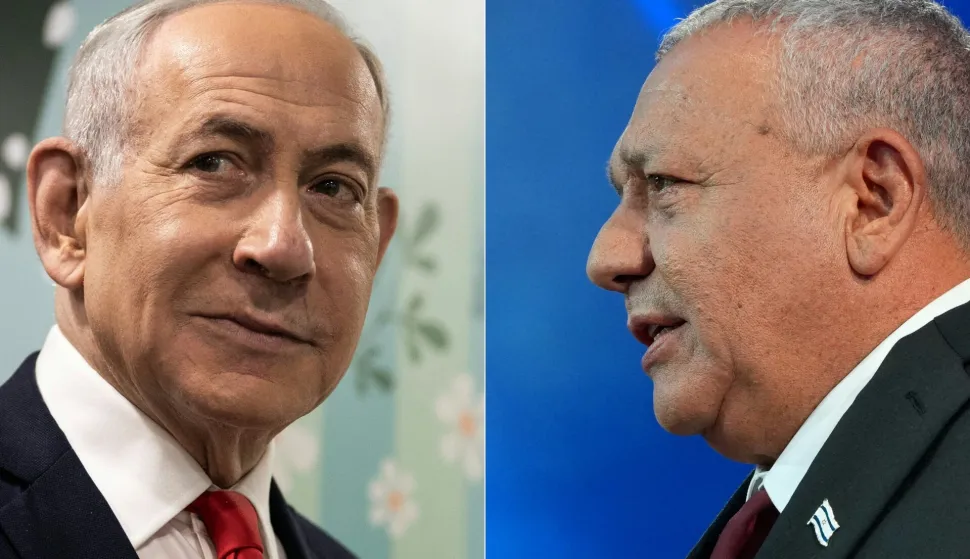 (COMBO) This combination of pictures created on October 28, 2026, shows Prime Minister Benjamin Netanyahu (L) speaking to the media after voting in Jerusalem on October 27, 2026, and Yashar party leader Gadi Eisenkot addressing his supporters at the election night rally in Tel Aviv early on October 28, 2026. The camp of Prime Minister Benjamin Netanyahu was ahead of his rival's opposition bloc but still short of a majority on October 28 after 50 percent of votes were counted in Israel's pivotal general election. (Photo by Jewel SAMAD and Maya LEVIN/various sources/AFP)
