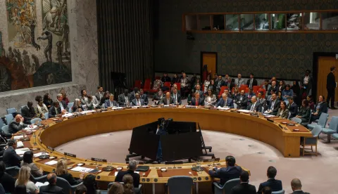 epa12532888 UN Security Council members sit at a round table in the Security Council Chamber at United Nations Headquarters in New York, New York, USA, 17 November 2025 (issued 18 November 2025). The Security Council passed the US-backed resolution, which establishes an international force to restore order in Gaza, protect civilians, and open the way for large-scale aid and rebuilding. The measure received 13 votes in favor and none against, while Russia and China abstained amid concerns that Russia might veto the text, according to the UN. EPA/OLGA FEDOROVA