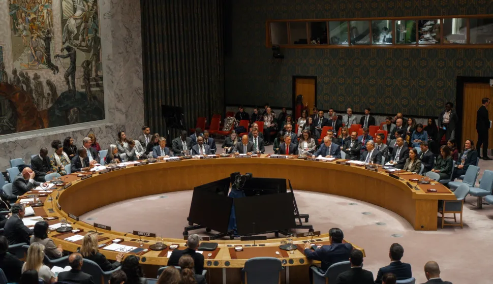 epa12532888 UN Security Council members sit at a round table in the Security Council Chamber at United Nations Headquarters in New York, New York, USA, 17 November 2025 (issued 18 November 2025). The Security Council passed the US-backed resolution, which establishes an international force to restore order in Gaza, protect civilians, and open the way for large-scale aid and rebuilding. The measure received 13 votes in favor and none against, while Russia and China abstained amid concerns that Russia might veto the text, according to the UN. EPA/OLGA FEDOROVA