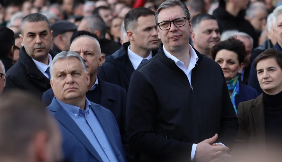 19, March, 2022, Novi Sad - The President of the Republic of Serbia, Aleksandar Vucic, and the Prime Minister of Hungary, Viktor Orban, are attending the opening of the Belgrade - Novi Sad section of the Belgrade - Budapest international railway. Viktor Orban, Aleksandar Vucic, Ana Brnabic. Photo: Milan Maricic/ATAImages19, mart, 2022, Nvi Sad - Predsednik Republike Srbije Aleksandar Vucic i predsednik Vlade Madjarske Viktor Orban prisustvuju pustanju u saobracaj deonice pruge Beograd - Novi Sad, u okviru medjunarodne pruge Beograd - Budimpesta. Photo: Milan Maricic/ATAImages Photo: Milan Maricic/PIXSELL